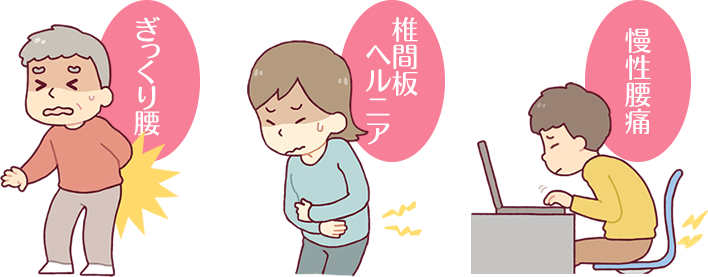 ぎっくり腰、椎間板ヘルニア、慢性腰痛のイラスト